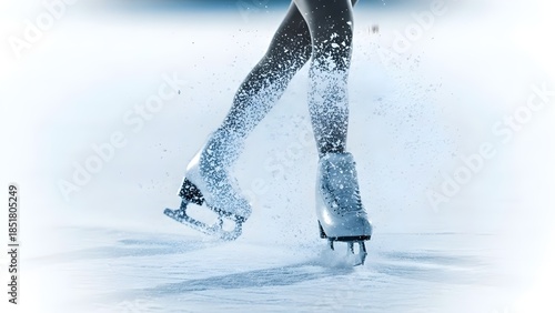 Close-up of figure skates cutting into the ice, sending a spray of snow and ice shavings into the air. The motion captures the excitement and freedom of 