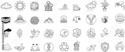 Nature and biodiversity protection doodle icon set for environment conservation, wildlife care, climate change and sustainability. Hand drawn vector icons