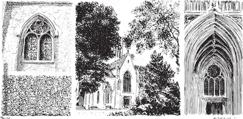 Gothic church window design in black and white. Detailed illustration showcasing stained glass and elegant lines, a vector art set.