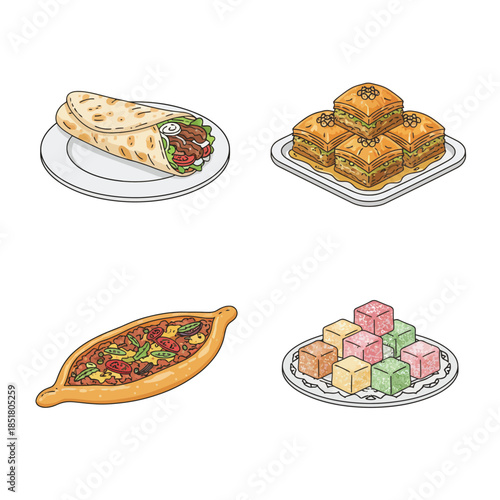 A collection of traditional Turkish dishes and desserts including doner kebab, baklava, pide, and Turkish delight, presented as colorful illustrations.