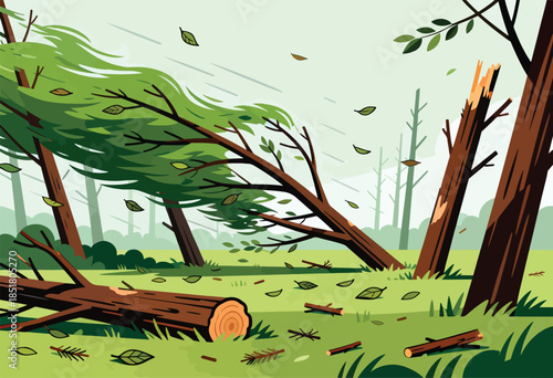 Gale force winds rip through a forest, toppling trees and scattering leaves