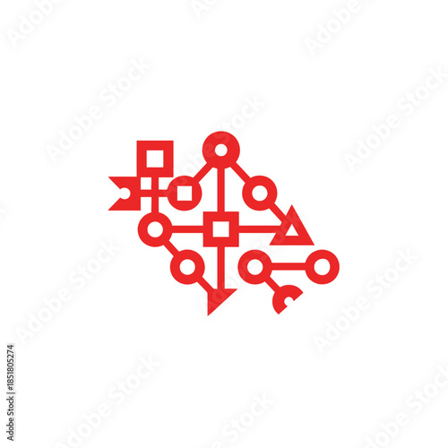 A red diagram illustrating complex connections and relationships between various geometric shapes