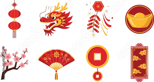 Flat lay of various traditional Chinese New Year decorations and symbols on a white background.