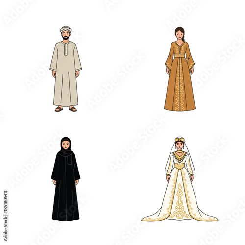 Four illustrations depicting traditional Middle Eastern clothing for men and women, including everyday wear and a bridal gown.