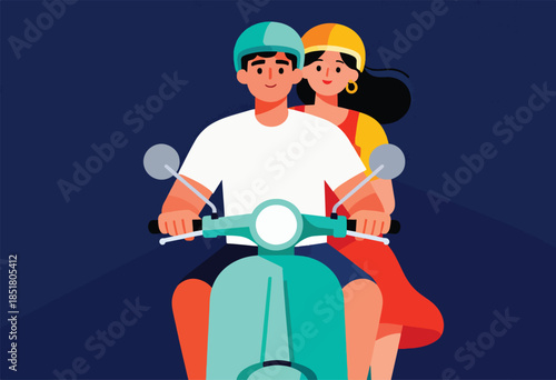 A couple rides a scooter together under a dark blue sky