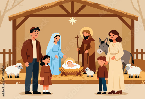 Nativity scene with figures, animals, and a stable under a starry sky