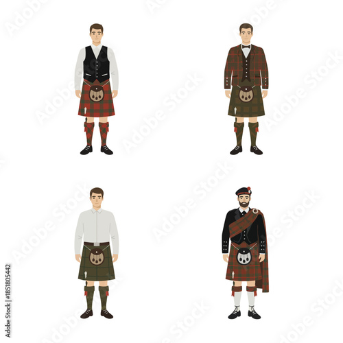 Four illustrations of men in traditional Scottish Highland dress, showcasing various kilt tartans and formal attire for cultural events.