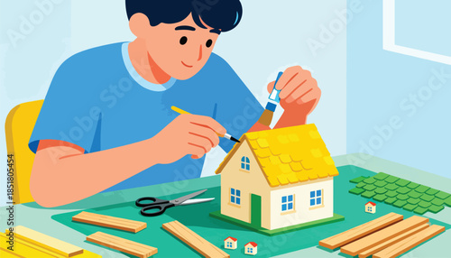 A person building a miniature house with crafting supplies like scissors, paint, and wooden pieces