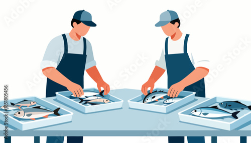 Two people in aprons sorting fresh fish into trays on a table