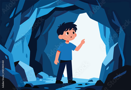 A young boy stands in a cave pointing forward with a surprised expression