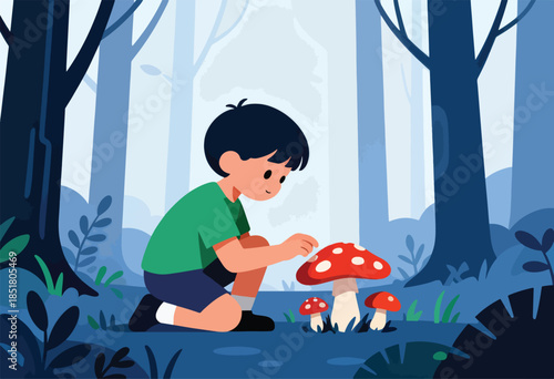 A boy in a green shirt crouches to examine red mushrooms in a blue forest