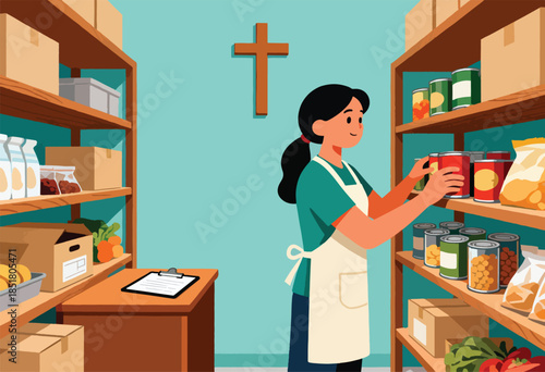 Woman organizing canned goods in a pantry with a cross on the wall