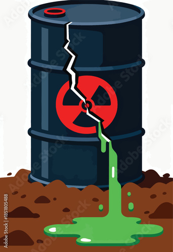 A cracked, dark barrel with a radiation symbol leaks green goo onto brown soil