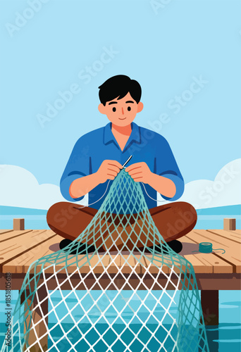 Young man mends fishing net on a wooden pier by the water