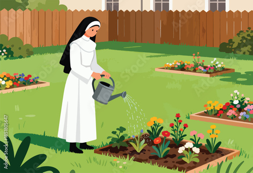A person in a nun's habit waters vibrant flowers in a lush garden