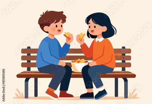 Two children enjoy star-shaped snacks while sitting on a park bench