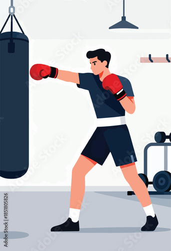 A person in boxing gloves throws a punch at a hanging heavy bag in a gym