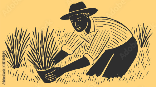 Farmer harvesting plants in a field. Simple and flat vector illustration showcasing agricultural practices and nature.