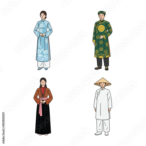 Four illustrations of people wearing traditional Vietnamese clothing, including Ao Dai and conical hats.