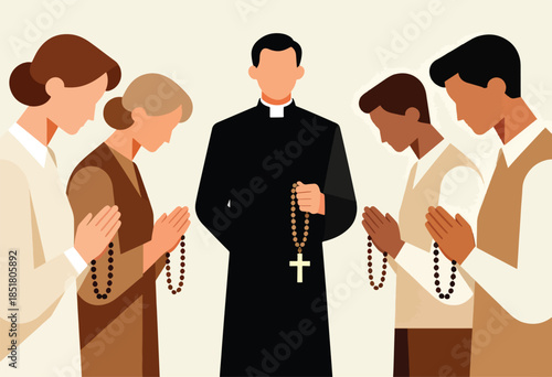 Clergy leads a small group in prayer with rosaries and bowed heads