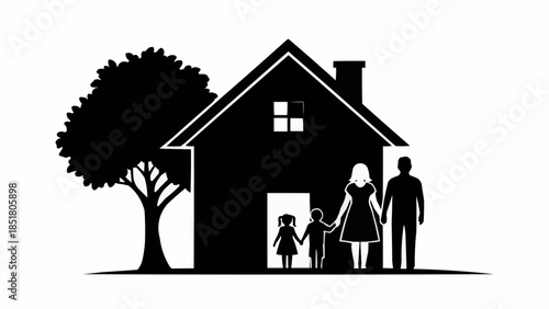 Family standing in front of their home with a tree.