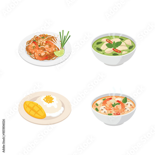 A collection of four popular Thai dishes including Pad Thai, green curry, mango sticky rice, and Tom Yum soup.