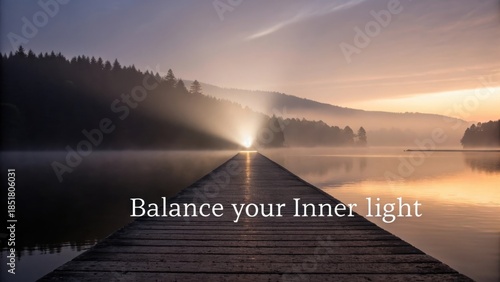 Wooden pier pathway to the sun with serene morning light