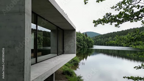 Minimalist modern concrete architecture cantilevers over a tranquil forest lake providing breathtaking natural views and serene secluded living