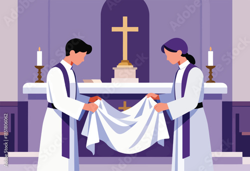 Clergy members in formal attire arrange a white cloth before a golden cross and altar