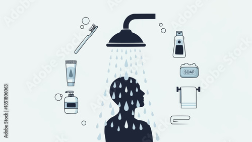Man showering with hygiene products arranged around him.