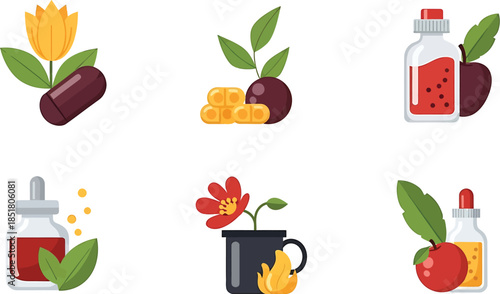 Collection of six flat design icons representing natural remedies and health products.