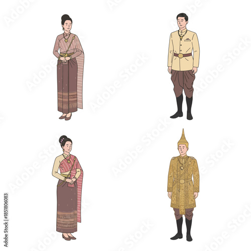 Illustrations of traditional Thai clothing for men and women, showcasing various historical styles and ceremonial attire.
