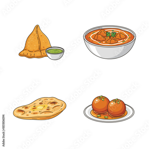 A collection of four popular Indian dishes including samosa, butter chicken, naan bread, and gulab jamun, presented as colorful illustrations on a white background.
