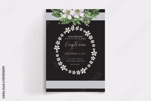 WEDDING INVITATION FRAME WITH FLOWER DECORATIONS AND FRESH LEAVES