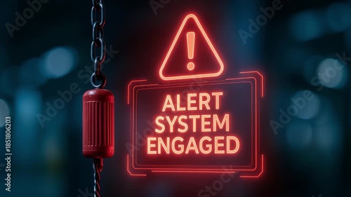 Alert system engaged warning sign glowing red pull chain with hanging switch in dark environment, emergency security caution symbol conveying danger and alert message for safety protocols