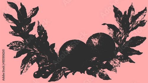 Orange fruit with leaves, featuring a modern vector illustration on a pink background. A simple design suitable for various decorative applications.
