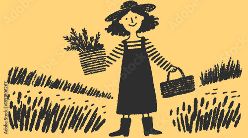 Gardener woman with a basket of carrots in a field. Simple black vector illustration featuring stripes and an orange background in a set.