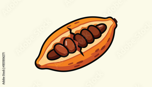 A halved cocoa pod reveals its inner seeds, showing its orange exterior