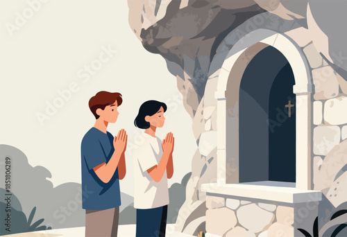 Two people in prayer before a stone structure with a cross