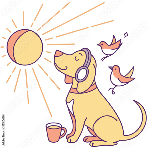 SVG art: A Mischievous Bloodhound in a Morning sunshine vibe with wearing headphones, tinted with Sunny Mornings tones