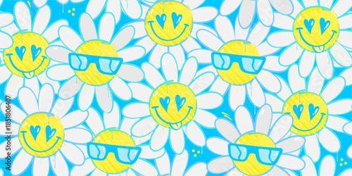 Cool Funny Abstract Graffiti Style Happy Smiling Flowers Seamless Background Template