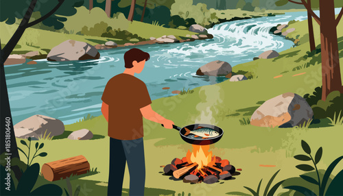 Person cooks fish over campfire by a river in a forest