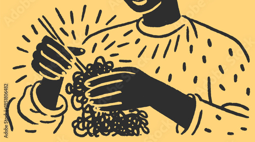 Illustration of hands holding noodles with chopsticks. Simple black and yellow vector style emphasizing cooking and food presentation.