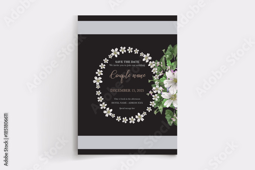 WEDDING INVITATION FRAME WITH FLOWER DECORATIONS AND FRESH LEAVES