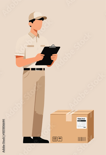 Delivery person with clipboard stands beside a package