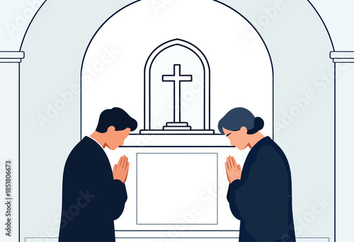 Two people praying before a cross in an arched sanctuary