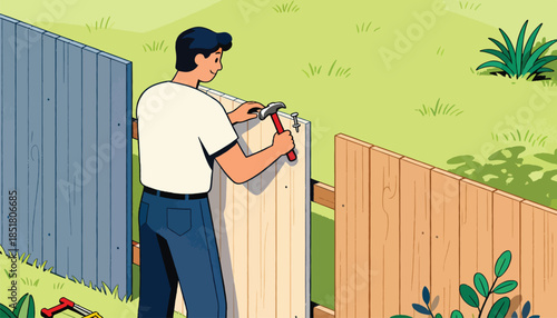 Person building a wooden fence with a hammer and nails