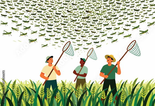 Three people in a field hold nets, looking up at a swarm of grasshoppers