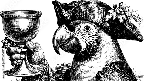 Vintage illustration of a parrot holding a cup. Detailed black and white vector illustration reflects classic design and festive celebration.