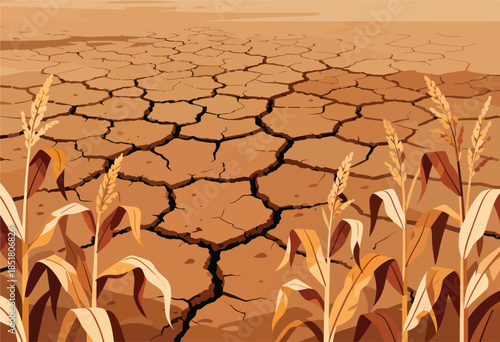 Cracked earth landscape with wilting corn stalks under a dry, muted sky